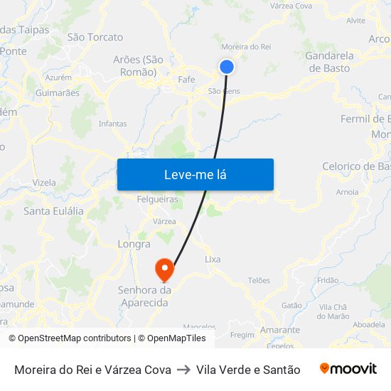 Moreira do Rei e Várzea Cova to Vila Verde e Santão map
