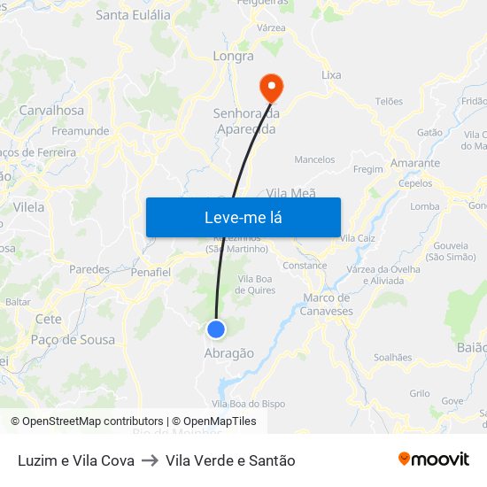 Luzim e Vila Cova to Vila Verde e Santão map