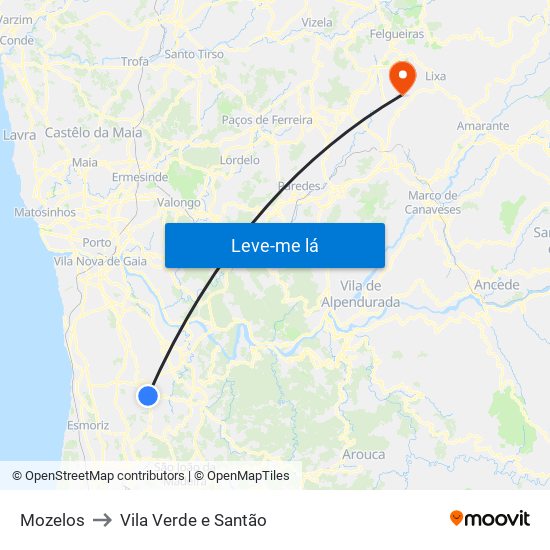 Mozelos to Vila Verde e Santão map