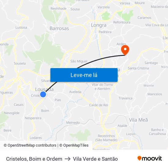 Cristelos, Boim e Ordem to Vila Verde e Santão map