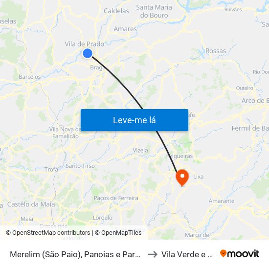 Merelim (São Paio), Panoias e Parada de Tibães to Vila Verde e Santão map