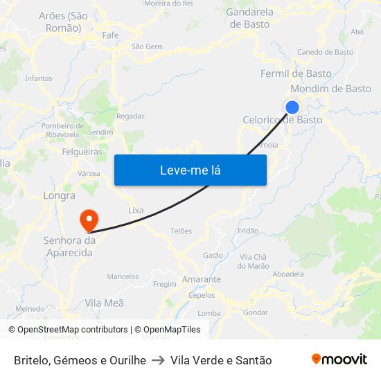 Britelo, Gémeos e Ourilhe to Vila Verde e Santão map