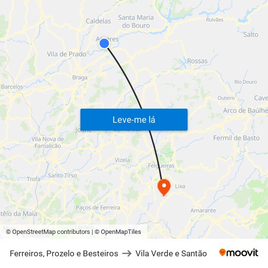 Ferreiros, Prozelo e Besteiros to Vila Verde e Santão map