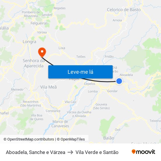 Aboadela, Sanche e Várzea to Vila Verde e Santão map