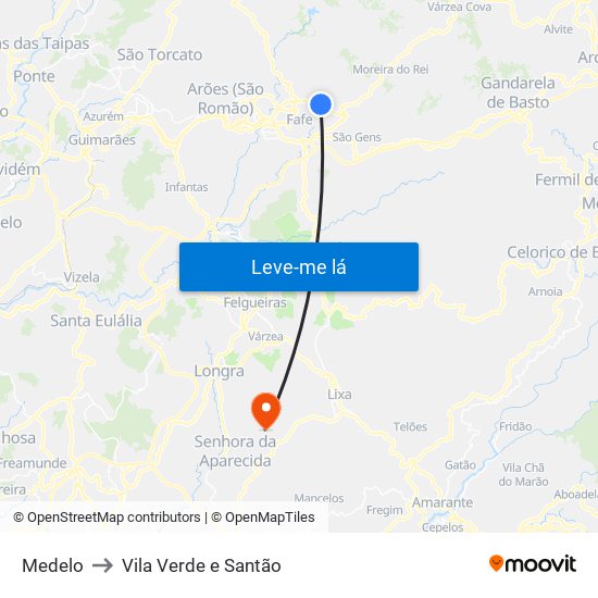 Medelo to Vila Verde e Santão map