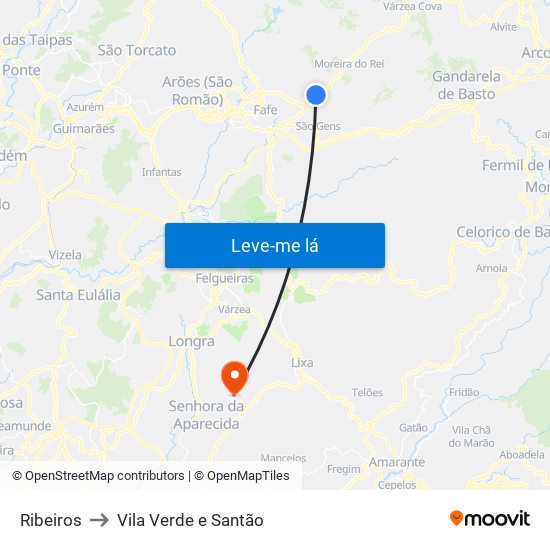 Ribeiros to Vila Verde e Santão map