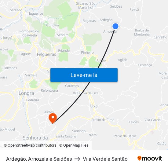 Ardegão, Arnozela e Seidões to Vila Verde e Santão map