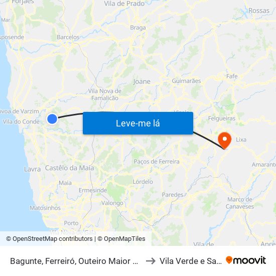 Bagunte, Ferreiró, Outeiro Maior e Parada to Vila Verde e Santão map