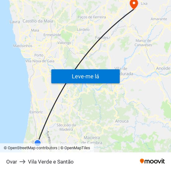 Ovar to Vila Verde e Santão map