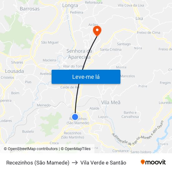 Recezinhos (São Mamede) to Vila Verde e Santão map