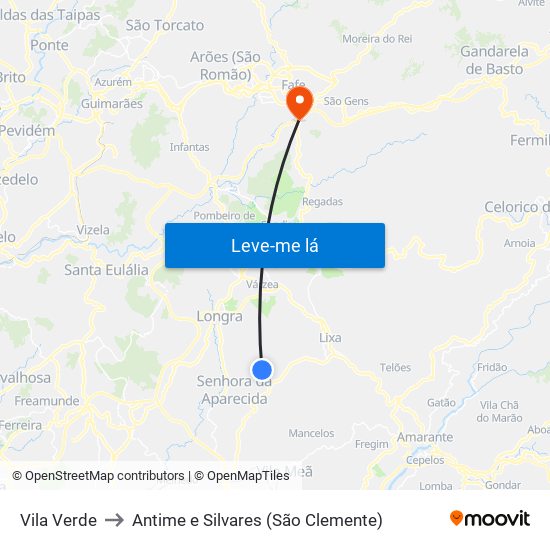 Vila Verde to Antime e Silvares (São Clemente) map