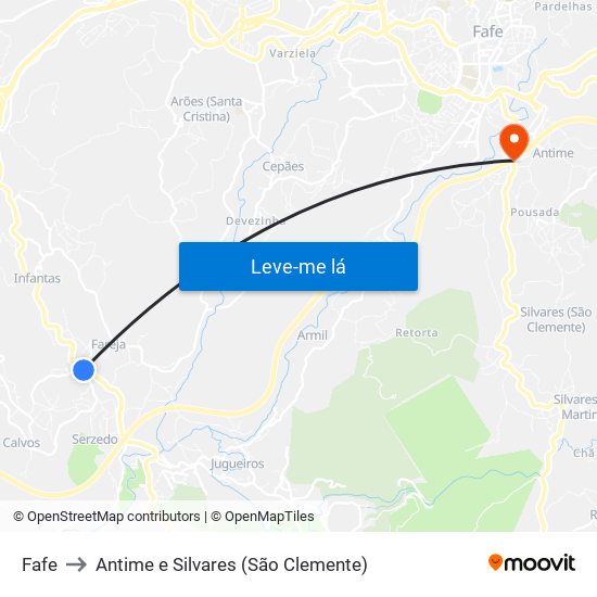 Fafe to Antime e Silvares (São Clemente) map
