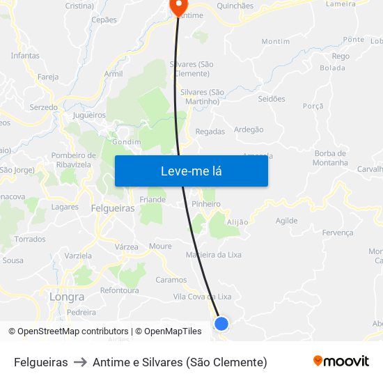 Felgueiras to Antime e Silvares (São Clemente) map
