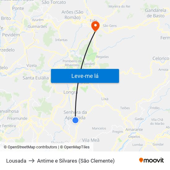 Lousada to Antime e Silvares (São Clemente) map