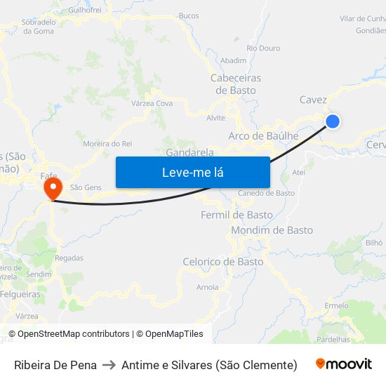 Ribeira De Pena to Antime e Silvares (São Clemente) map