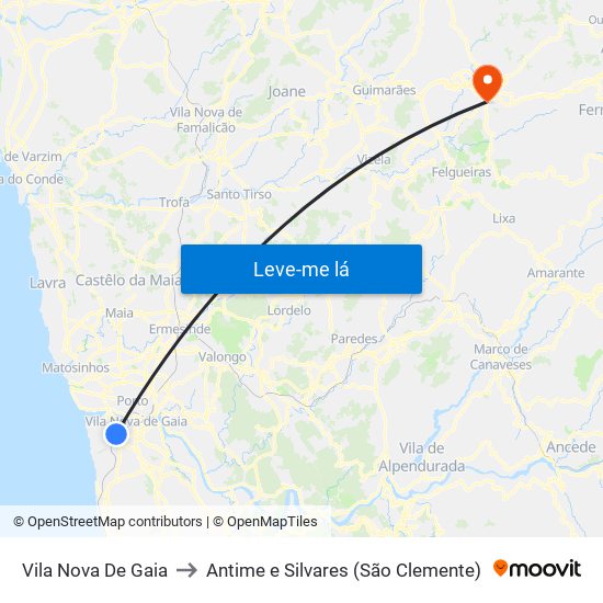 Vila Nova De Gaia to Antime e Silvares (São Clemente) map