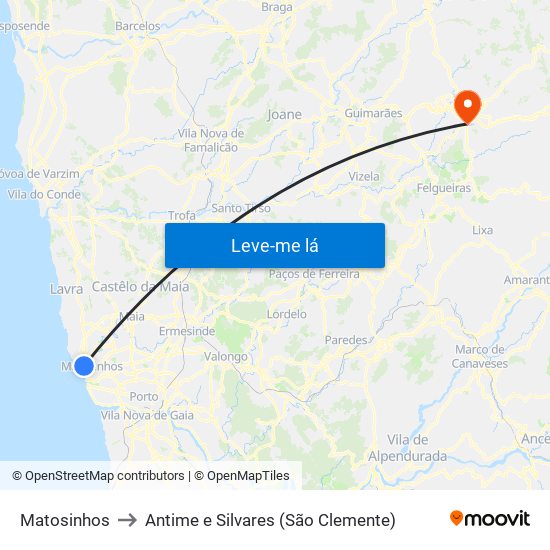 Matosinhos to Antime e Silvares (São Clemente) map