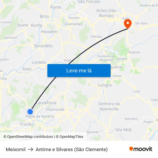 Meixomil to Antime e Silvares (São Clemente) map