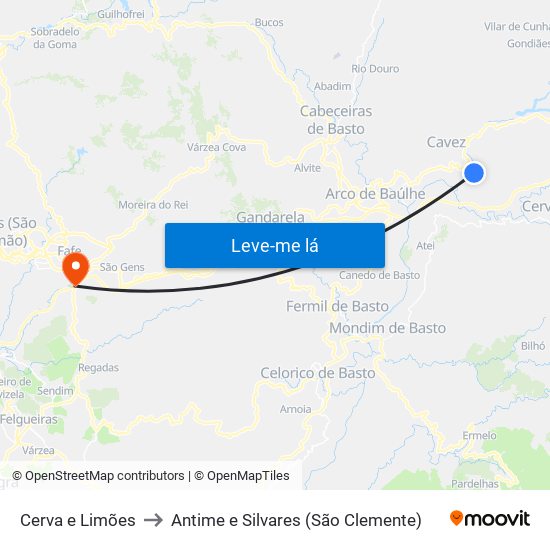 Cerva e Limões to Antime e Silvares (São Clemente) map