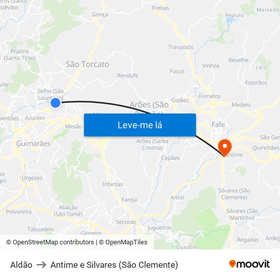 Aldão to Antime e Silvares (São Clemente) map