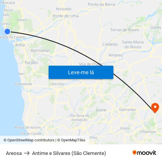 Areosa to Antime e Silvares (São Clemente) map