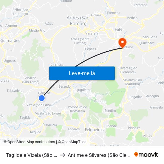 Tagilde e Vizela (São Paio) to Antime e Silvares (São Clemente) map
