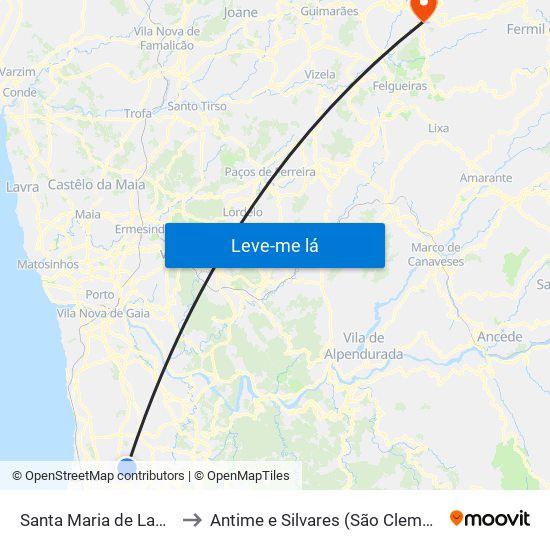 Santa Maria de Lamas to Antime e Silvares (São Clemente) map