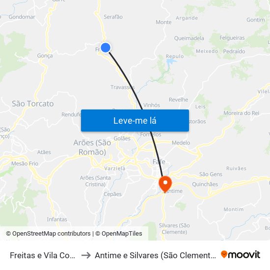 Freitas e Vila Cova to Antime e Silvares (São Clemente) map