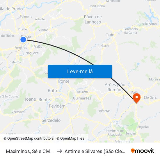 Maximinos, Sé e Cividade to Antime e Silvares (São Clemente) map