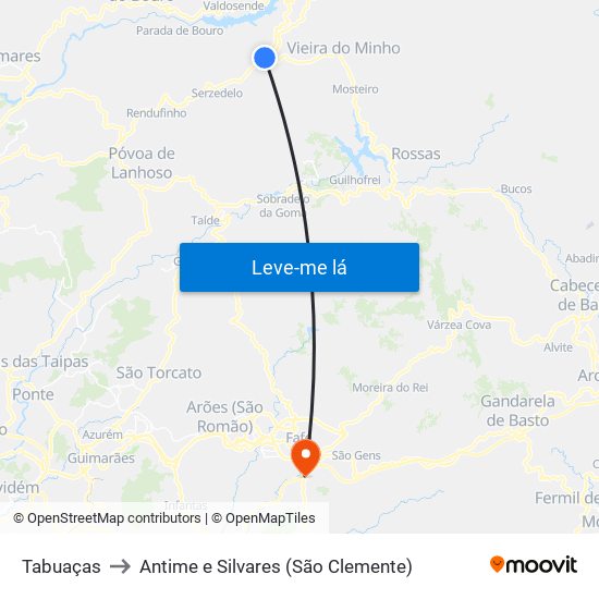 Tabuaças to Antime e Silvares (São Clemente) map