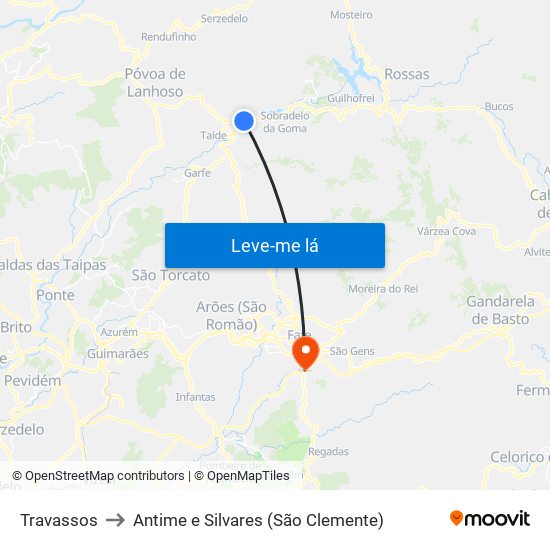 Travassos to Antime e Silvares (São Clemente) map