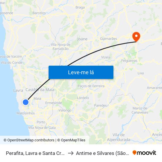 Perafita, Lavra e Santa Cruz do Bispo to Antime e Silvares (São Clemente) map