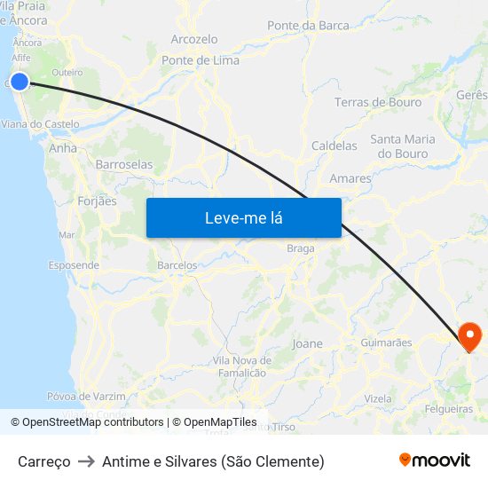 Carreço to Antime e Silvares (São Clemente) map