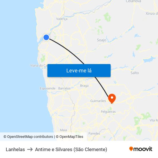 Lanhelas to Antime e Silvares (São Clemente) map