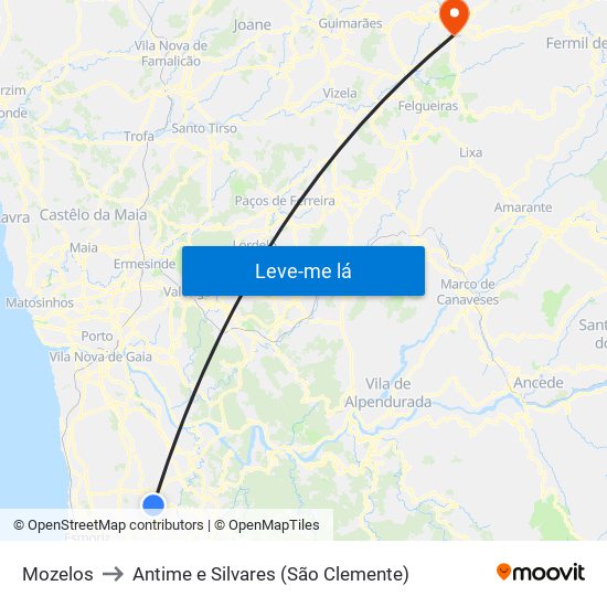 Mozelos to Antime e Silvares (São Clemente) map