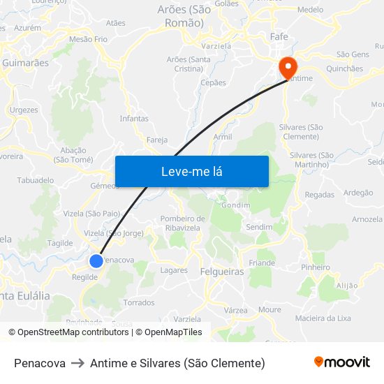 Penacova to Antime e Silvares (São Clemente) map