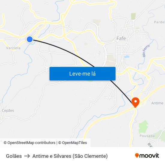 Golães to Antime e Silvares (São Clemente) map