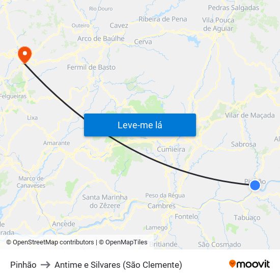 Pinhão to Antime e Silvares (São Clemente) map