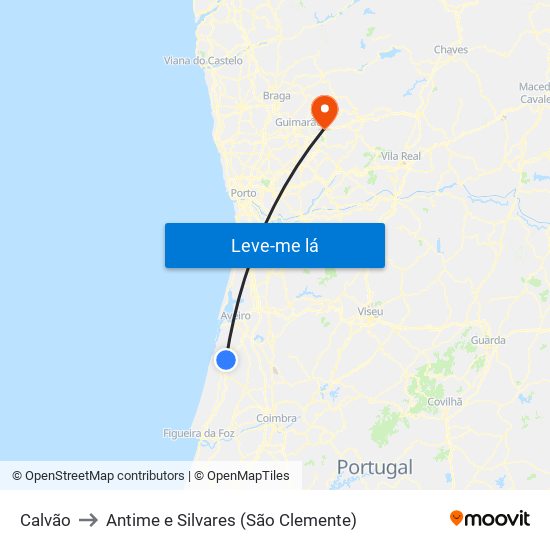 Calvão to Antime e Silvares (São Clemente) map