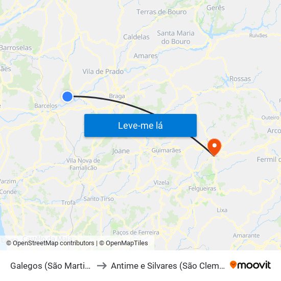 Galegos (São Martinho) to Antime e Silvares (São Clemente) map