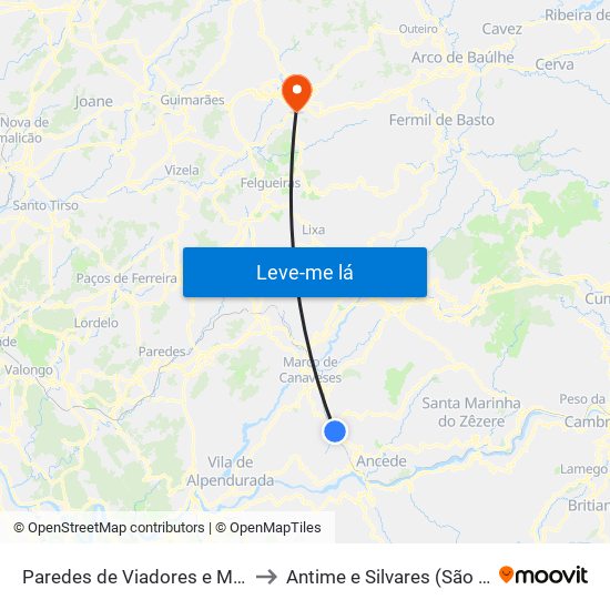 Paredes de Viadores e Manhuncelos to Antime e Silvares (São Clemente) map