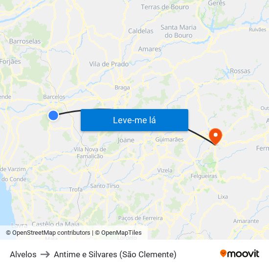 Alvelos to Antime e Silvares (São Clemente) map
