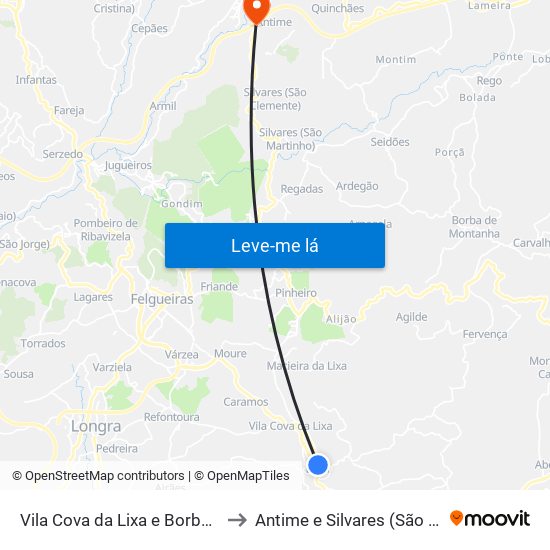 Vila Cova da Lixa e Borba de Godim to Antime e Silvares (São Clemente) map