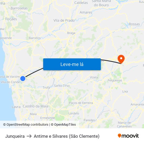 Junqueira to Antime e Silvares (São Clemente) map