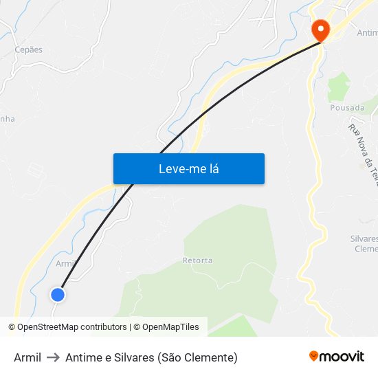 Armil to Antime e Silvares (São Clemente) map