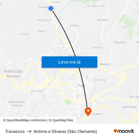 Travassós to Antime e Silvares (São Clemente) map