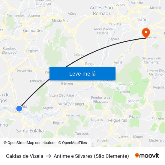 Caldas de Vizela to Antime e Silvares (São Clemente) map