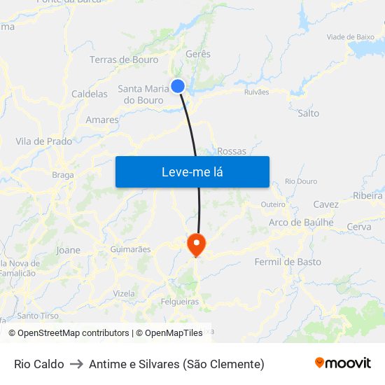 Rio Caldo to Antime e Silvares (São Clemente) map