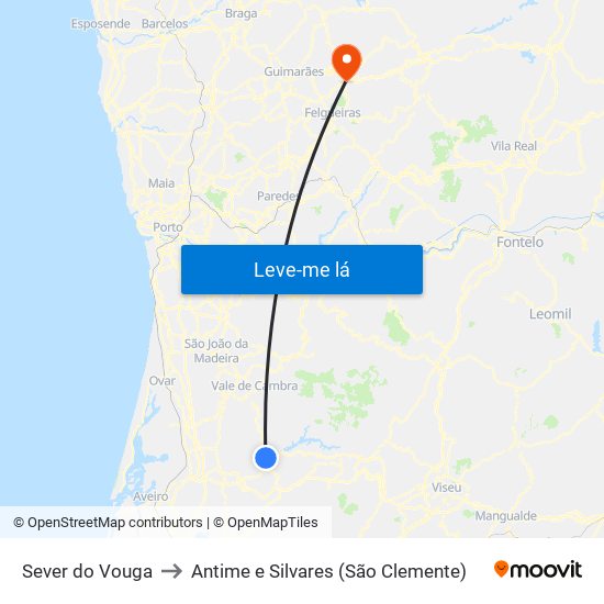 Sever do Vouga to Antime e Silvares (São Clemente) map