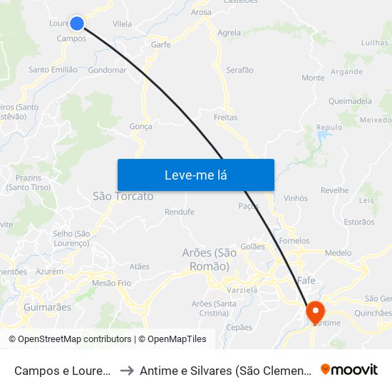 Campos e Louredo to Antime e Silvares (São Clemente) map